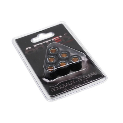 Galets/Rouleaux Artek K1 16x13 7,7g (x6) pour Peugeot 50 Kisbee, TKR, Trekker, Speedfight, Buxy, Vivacity / Piaggio 50 Zip, Typhoon, NRG 1994>1999 / Kymco 50 Dink, People, Top-Boy