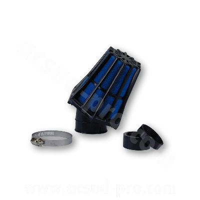Filtre à air adaptable R-EVOLUTION 30° Ø35/28 noir/bleu pour Scooter, Mécaboite, Mobylette, Maxi Scooter, Moto, Quad