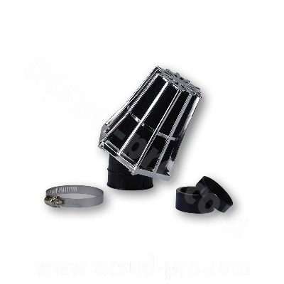 Filtre à air adaptable R-Evolution 30° Ø35/28 chrome/noir pour Scooter, Mécaboite, Mobylette, Maxi Scooter, Moto, Quad