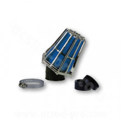 Filtre à air adaptable R-Evolution 30° Ø35/28 Chrome/Bleu pour Scooter, Mécaboite, Mobylette, Maxi Scooter, Moto, Quad