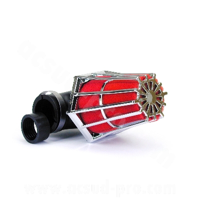 Filtre à air adaptable R 90° Ø35/28 chrome/rouge pour Scooter, Mécaboite, Mobylette, Maxi Scooter, Moto, Quad