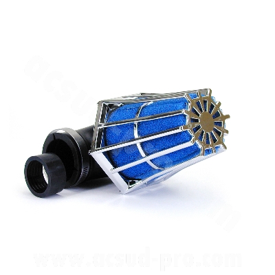 Filtre à air adaptable R 90° Ø35/28 Chrome/Bleu pour Scooter, Mécaboite, Mobylette, Maxi Scooter, Moto, Quad