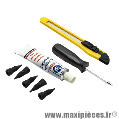 Kit de réparation adaptable avec cutter, outil d’insertion, tube de cement et 5 mèches de réparation pour pneu tubeless scooter, moto, quad et autres