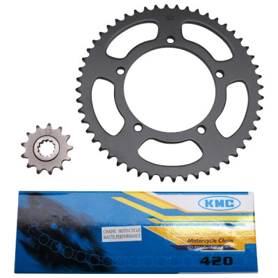 Kit chaîne adaptable 420 12x52 pour MBK 50 X-LIMIT 2004+ et YAMAHA 50 DTR 2004+