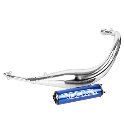 Pot chromé Voca Racing passage bas silencieux alu bleu pour Minarelli 50 AM6, Beta 50 RR 1999-2011, Rieju 50 MRT, SMX, RMX, RR, Peugeot 50 XPS, XP6, MBK 50 X-Limit, Yamaha 50 DTR