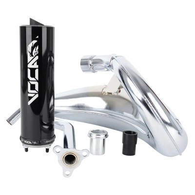 Pot cross chromé Voca Racing silencieux alu noir pour Derbi 50 Senda, Senda DRD - Aprilia 50 RX, SX