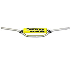 Guidon moto adaptable aluminium 2014 t6 diamètre 22,2mm longueur 800mm hauteur 86mm argent avec barre de renfort et mousse jaune