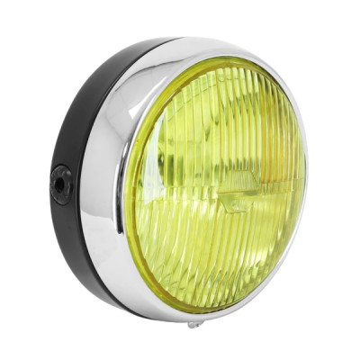 Phare-projecteur adaptable rond noir entourage chrome vitre jaune diamètre 140mm (ampoule BA20D)