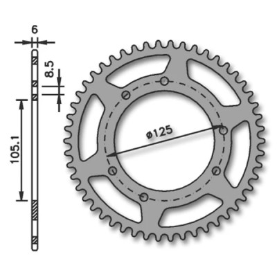 Couronne IGM 44 dents 105mm Derbi 50 Senda R, SM, X-Treme, X-Race 2000-2005 / Peugeot 50 XP6 après 2002 / MBK 50 X-Limit après 2004 / Yamaha 50 DTR / Rieju 50 RMX, SMX