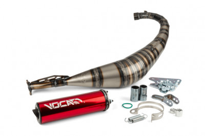 Pot d'échappement Voca Racing passage bas silencieux alu rouge pour Minarelli AM6 50cc, Beta RR-Rieju RS3, RS2, RS1, MRT, SMX, RMX, Peugeot XPS, XP6-MBK X-Power, X-Limit-Yamaha TZR, DTR