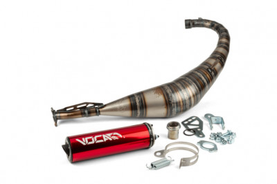 Pot d'échappement VOCA RACING Passage bas - Silencieux alu rouge pour moteurs Derbi Euro 2 (EBE050, EBS050) et Euro 3 (D50B0)
