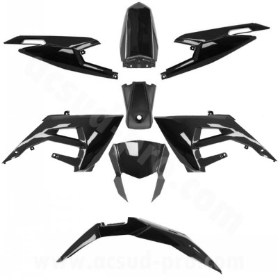 Kit carrosserie adaptable noir brillant 8 pièces pour Derbi 50 Senda X-Treme 2018+, Gilera 50 RCR SMT 2018+