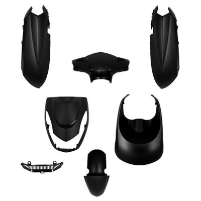 Carrosserie-carénage adaptable noir mat (kit 6 pièces) pour scooter Peugeot 50 Kisbee 2T-4T tous modèles (2010-2017 et 2018+)