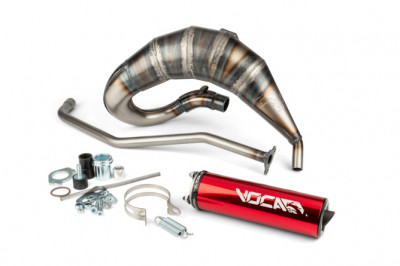 Pot d'échappement VOCA RACING silencieux alu rouge passage haut pour 50 à boite Derbi Senda, Senda DRD, Aprilia RX, SX