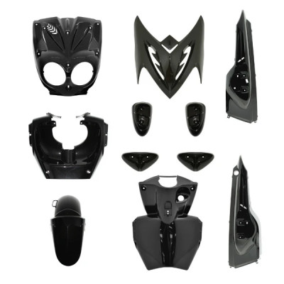 Kit carrosserie adaptable noir avec pads pour scooter MBK 50 Stunt / Yamaha 50 Slider après 2005 (11 pièces)