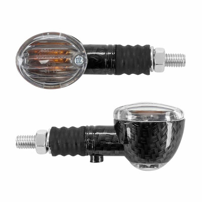 Clignotants adaptables micro ovales transparents/carbone avec témoin base courte (homologués CE)