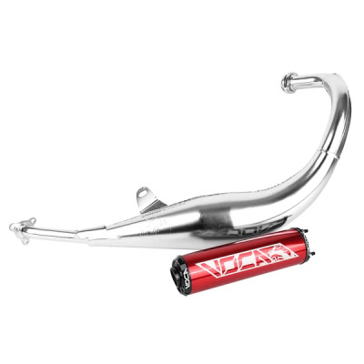 Pot d'échappement Voca Racing Chromed - Passage bas - Silencieux alu rouge pour moteurs Derbi Euro 2 (EBE050, EBS050) et Euro 3 (D50B0)