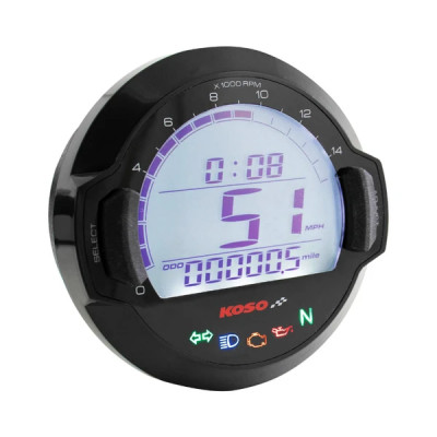 Compteur digital KOSO D64 DL-03SR multifonctions (compteur de vitesse, compte-tour 15000 trs-min, kilométrage, jauge essence, horloge, voyants point mort, niveau d'huile, plein phare, clignotant)