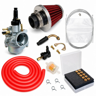 Kit carbu sport PHVA 17,5 cable, gros filtre, durite rouge : Moto 50 à boite, scooter, cyclomoteur universel