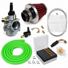Kit carbu sport PHVA 17,5 cable, gros filtre, durite verte : Moto 50 à boite, scooter, cyclomoteur universel