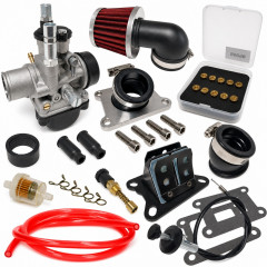 Pack kit carbu 21 pipe, clapet, filtres, durite rouge : 50 à boite Aprilia RS, Derbi Senda, DRD, GPR, Fenix, Gilera SMT euro 2/3/4