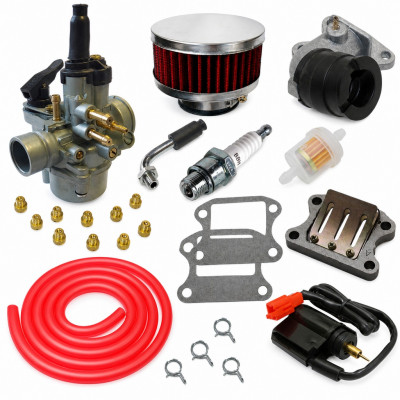 Kit admission sport carbu phva 17,5 filtre plat, durite rouge : Scooter 50cc Peugeot : Vivacity, Speedfight, Buxy, TKR, Zenith, Elystar, Trekker, Elyseo, Looxor, Squab, X-Fight