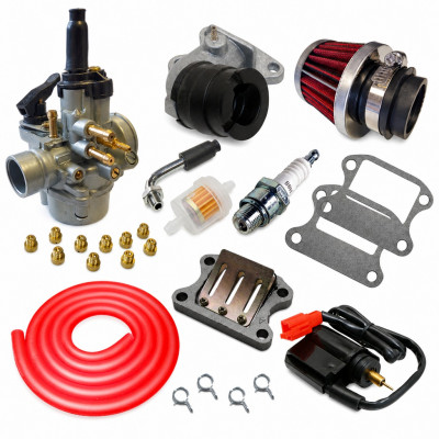Kit admission sport carbu phva 17,5 petit filtre, durite rouge : Scooter 50cc Peugeot pour Vivacity, Speedfight, Buxy, TKR, Zenith, Elystar, Trekker, Looxor, Elyseo, Squab et X-Fight