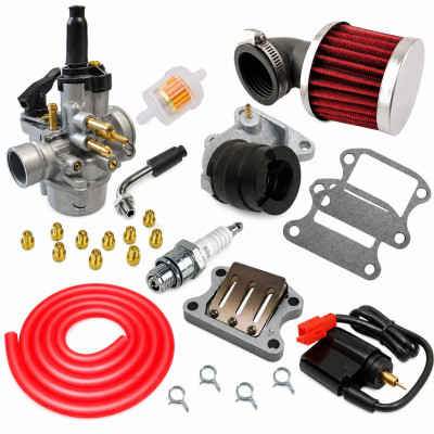 Kit admission sport carbu phva 17,5 filtre coudé, durite rouge : Scooter Peugeot 50cc : Speedfight, Vivacity, Buxy, Elystar, TKR, Trekker, Looxor, Zenith, Elyseo, Squab, X-Fight
