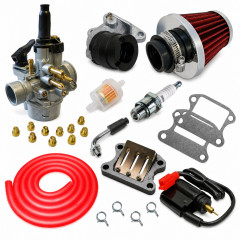 Kit admission sport carbu phva 17,5 gros filtre, durite rouge : Scooter 50cc Peugeot Vivacity, Speedfight, Buxy, Elystar, TKR, Zenith, Trekker, Elyseo, Looxor, Squab et X-Fight