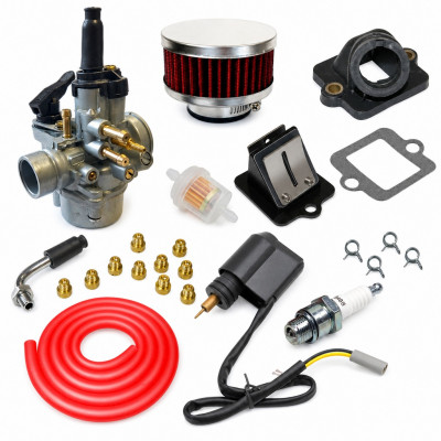 Kit admission sport carbu phva 17,5 filtre plat, durite rouge : Scooter 50cc : Piaggio Typhoon Fly Liberty NRG Sfera, Gilera Ice Storm TPH, Vespa Zip, Stalker, Derbi, Italjet, Aprilia