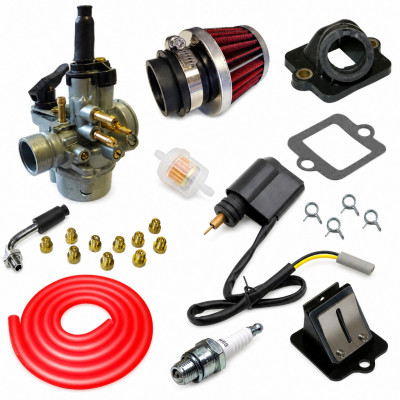 Kit admission sport carbu phva 17,5 petit filtre, durite rouge : Scooter 50cc pour Piaggio Typhoon, Fly, Liberty, NRG, Sfera, Vespa, Zip, Gilera Ice, Storm, TPH, Stalker, Derbi, Italjet et Aprilia