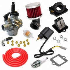 Kit admission sport carbu phva 17,5 filtre coudé, durite rouge : Scooter 50cc Piaggio NRG, Typhoon, Fly, Liberty, Gilera Runner, DNA, Stalker, Vespa Sfera Zip, Aprilia SR, Derbi, Italjet