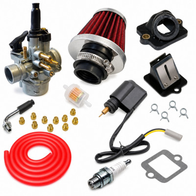 Kit admission sport carbu phva 17,5 gros filtre, durite rouge : Scooter 50cc pour Piaggio Typhoon, Fly, Liberty, NRG, Sfera et Zip, ainsi que Gilera Ice, Storm, TPH, Stalker, Italjet, Derbi et Aprilia