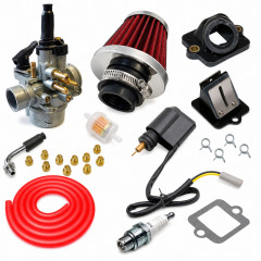 Kit admission sport carbu phva 17,5 gros filtre, durite rouge : Scooter 50cc pour Piaggio Typhoon, Fly, Liberty, NRG, Sfera et Zip, ainsi que Gilera Ice, Storm, TPH, Stalker, Italjet, Derbi et Aprilia
