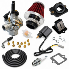 Kit admission sport carbu phva 17,5 gros filtre, durite noir : Scooter 50cc compatible Piaggio Typhoon, NRG, Fly, Liberty, Sfera, Vespa, Zip, Gilera Ice, Storm, TPH, Stalker, Italjet, Derbi et Aprilia