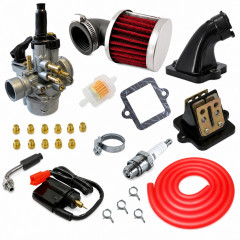 Kit admission sport carbu phva 17,5 filtre coudé, durite rouge : Scooter Peugeot 50cc Speedfight 3, Vivacity, Ludix, Streetzone