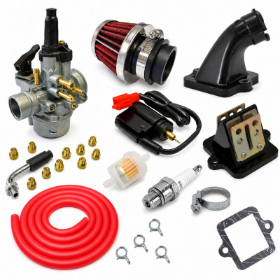 Kit admission sport carbu phva 17,5 petit filtre, durite rouge : Scooter Peugeot 50cc Vivacity, Speedfight 3, Ludix, Streetzone