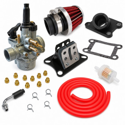 Pack kit carbu 17,5 pipe, clapet, filtres, durite rouge : 50 à boite minarelli am6, Aprilia RS, RX, Peugeot XP6, XPS, Yamaha TZR