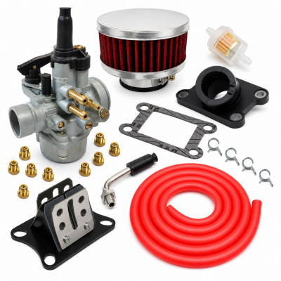 Pack kit carbu 17,5 pipe, clapet, filtre plat, durite rouge : 50 à boite minarelli am6, Aprilia RS, RX, Peugeot XP6, XPS, Yamaha TZR