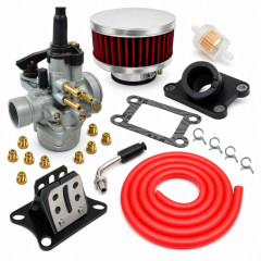 Pack kit carbu 17,5 pipe, clapet, filtre plat, durite rouge : 50 à boite minarelli am6, Aprilia RS, RX, Peugeot XP6, XPS, Yamaha TZR