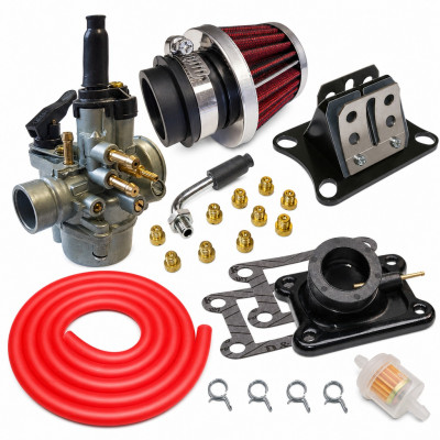 Pack kit carbu 17,5 pipe, clapet, filtres, durite rouge : 50 à boite Aprilia RS, Derbi Senda, DRD, GPR, Fenix, Gilera GSM euro 2/3/4