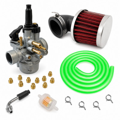 kit carbu 17,5 PHVA avec 10 gicleurs durite verte, filtre coudé : Moto 50 à boite, scooter, cyclomoteur universel