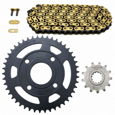 Kit chaine or remforcé 420 Dents 13x46 : 50 à boite MBK X-Power, Yamaha TZR 50