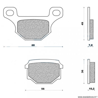 PLAQUETTE DE FREIN NEWFREN POUR RIEJU 50 MRT AR - DERBI 125 GPR 2009+ AR - APRILIA 125 RS4 2011+ AR (L 88mm - 56mm - H 49mm - 36mm - P 7.8mm - 10.2mm) (FD0077BA) (SCOOTER ACTIVE ORGANIQUE)